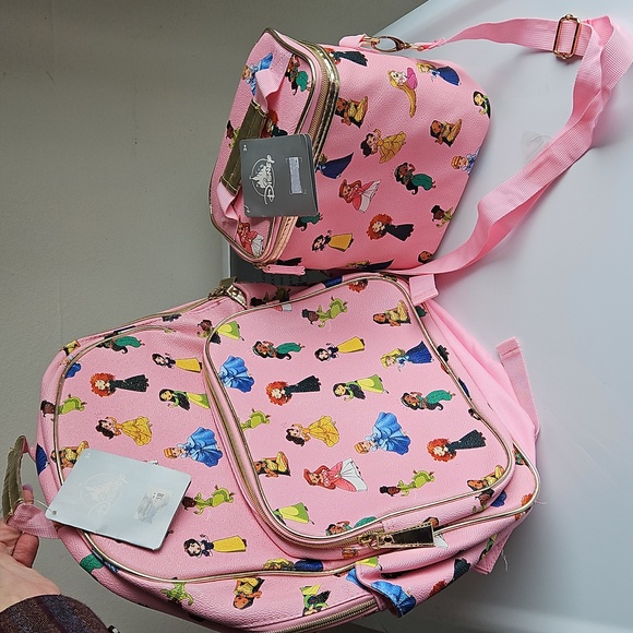 Disney Pink Backpack with Tags Plus Long Strap Cooler Bag Set Princess - Picture 1 of 16